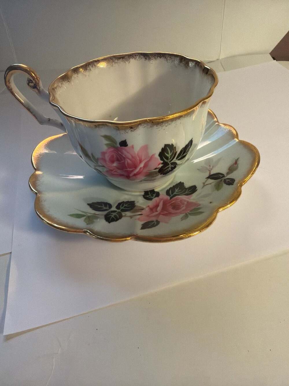 Clarence Bone China Pink Rose Cup and Saucer Set Gold Gilt Edge Made in England